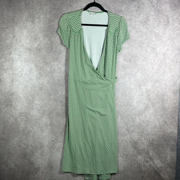 Boden Dress Womens Large Green White Wrap Midi‎ Short Sleeve Viscose Retro Print - Picture 1 of 9